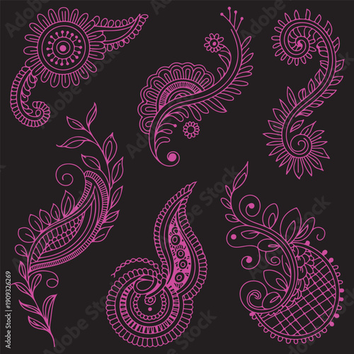 Mehndi floral ornament vector illustration set featuring paisley shapes, mandala patterns, lotus flowers, henna tattoo designs, and decorative ethnic elements