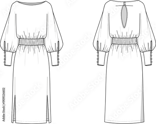 Elegant Women's Fashion Illustration: Flowing Midi Dress with Bishop Sleeves, Smocked Waist, and Chic Back Detail for Fashion Design and Style Guides