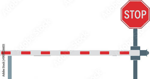 Automatic Railway Crossing Barrier Gate with Red Stop Sign Vector Illustration for Road Safety and Traffic Control Systems.