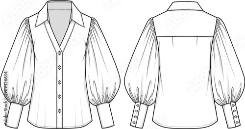Fashionable Blouse Technical Drawing: A Detailed Vector Illustration for Designers & Apparel Creation, Featuring Balloon Sleeves, Button-Down Style, and Versatile Design Elements
