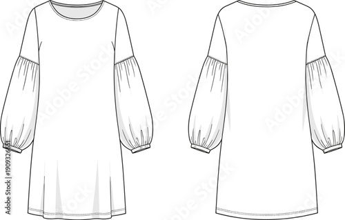 Front and Back Technical Sketch of a Flowy Tunic Dress with Balloon Sleeves for Fashion Design, Pattern Making, and Garment Construction Projects