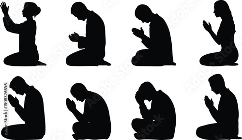 Collection of silhouette figures praying and kneeling in various poses against a white background illustrating devotion and spiritual reflection