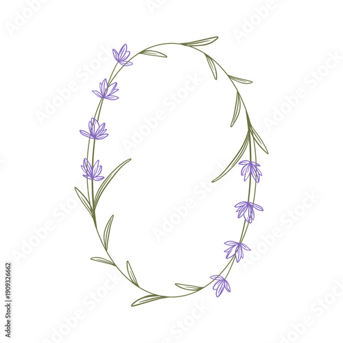 Oval frame of delicate lavender flowers. Floral natural headband for decor. Cottage core. Blank template with copy space, vector graphic