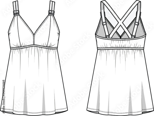 Illustration of a Relaxed V-Neck Summer Dress with Crisscross Straps for Fashion Design and Pattern Making, Emphasizing Bohemian Style and Beachwear Aesthetics