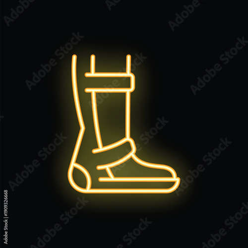 Glowing neon line icon of a leg wearing an orthopedic boot brace, symbolizing recovery and support