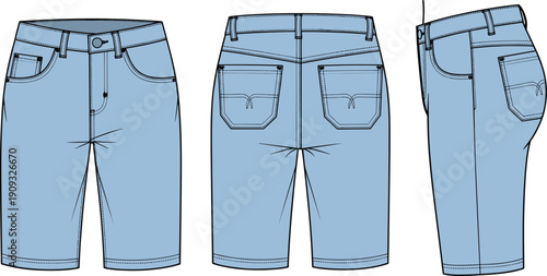 Fashionable Denim Bermuda Shorts Illustration for Apparel Design and Garment Mockups, Showcasing Front, Back and Side Views for Fashion Industry Professionals