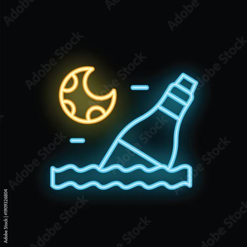 Neon bottle is floating in ocean water at night with the moon shining brightly