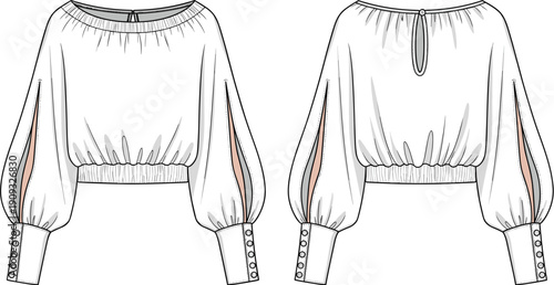 Elegant Blouse Design: Fashionable Women's Apparel Sketch for Designers and Manufacturers, Featuring Bishop Sleeves, Split Detail, and Buttoned Cuffs, Perfect for Pattern Making