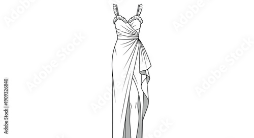 Fashion Forward: Elegant Evening Gown Illustration with Ruffled Straps and Dramatic Wrap Skirt, a Timeless Choice for Bridal, Formal Wear Design and Fashion Education