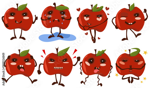 Cute apple characters set with different emotions. Funny red fruit mascots showing happy, sad, angry, in love and surprised expressions isolated on white