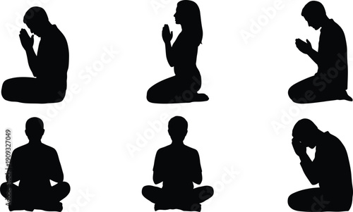 Collection of six black silhouette figures depicting prayer and meditation in various seated and kneeling poses isolated on a white background
