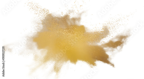  Gold powder explosion in air yellow dust particles flying apart transparent background.