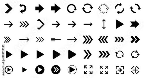 Collection of black arrows and play buttons on white background for navigation and media control