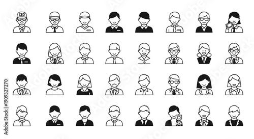 Diverse group of people icons in black and white various professions and emotions business and casual attire simple illustrations for user interface design