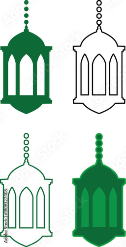 Islamic Lantern In Green And Outline Styles On White Background Keywords: islamic, lantern