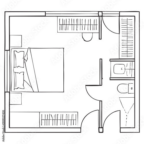 Black and white floor plan of a bathroom with shower, toilet, sink, and bathtub
