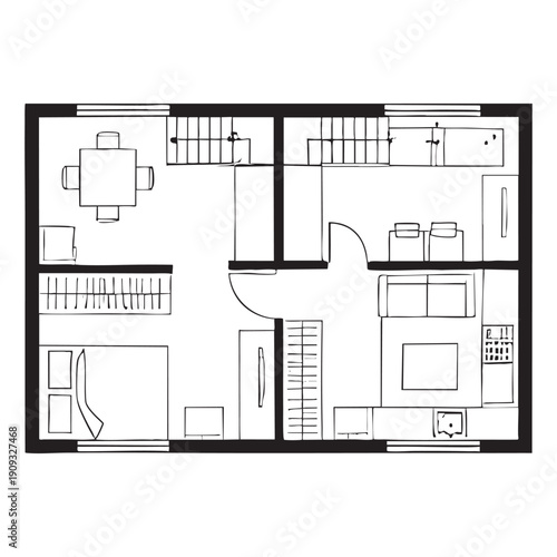 Black and white floor plan of a modern apartment with furniture layout
