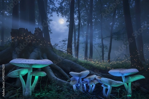 Bioluminescent Mushroom Wonderland at Night