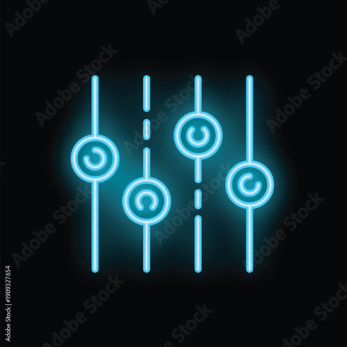 Neon equalizer icon glowing on dark background representing concepts such as music, audio and sound engineering