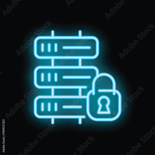 Glowing blue neon icon of a server with a padlock, representing data security and protection