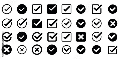Hand Drawn Check Mark and Cross Icon Set featuring a variety of sketch-style tick and X symbols, created with a realistic brush and marker doodle effect.