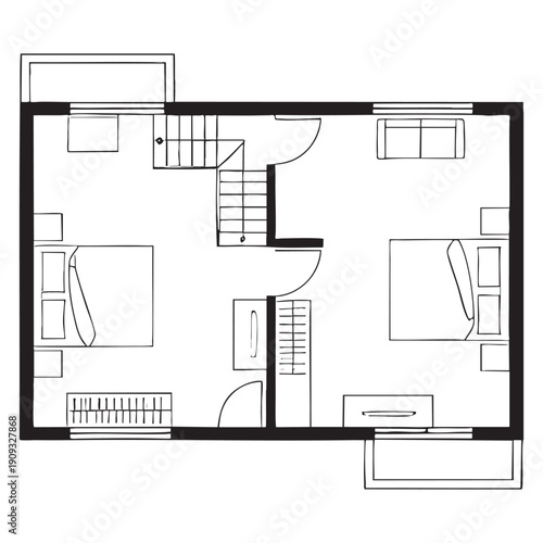 Black and white floor plan of a small apartment with furniture layout and room divisions 1