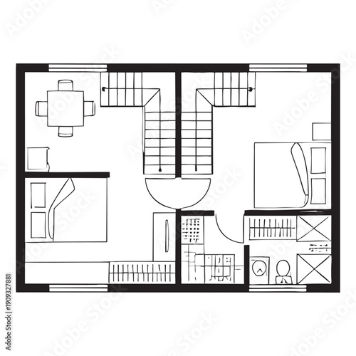 Black and white floor plan of a small apartment with furniture layout and room divisions
