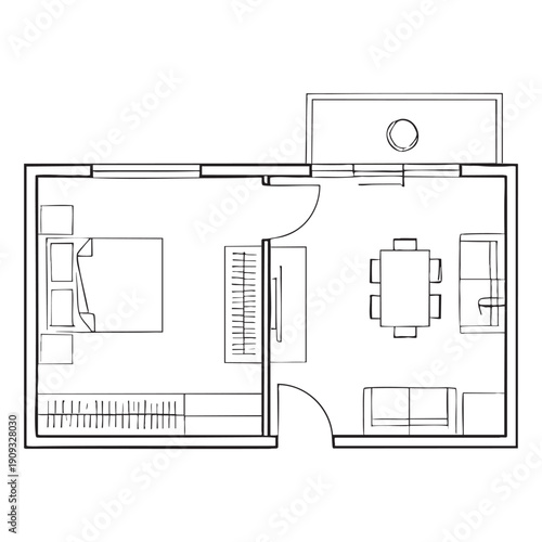 Black and white floor plan of a small apartment with furniture layout apartment layout