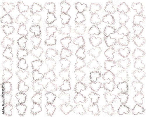 Repeating pattern of outlined heart shapes with pixelated texture in shades of brown and white