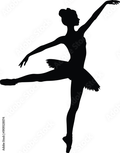 Ballet dancer silhouette illustration featuring graceful ballerina performing elegant leap pose, classical dance movement, black vector design for performance and art concepts