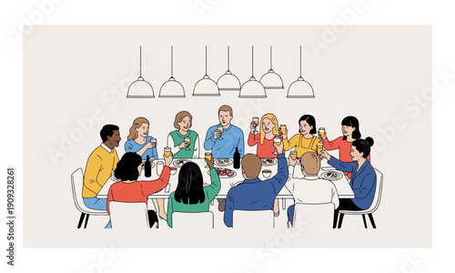 Diverse people making a celebratory toast at a dinner party table