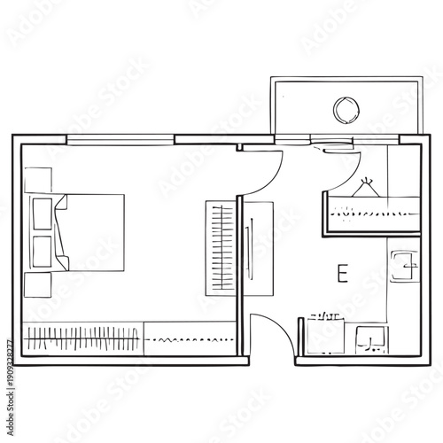 Black and white floor plan of a small apartment with labeled sections and furniture layout