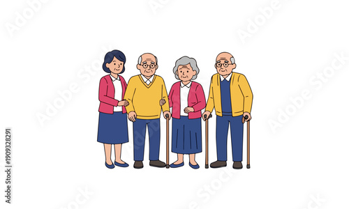 Smiling Senior Group Standing with Canes, Cartoon Vector Illustration