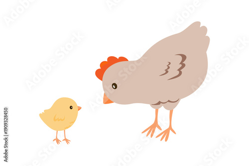 Cute hen and chicken. Simple vector illustration on white background. Domestic birds characters for nursery poster or card design.