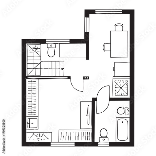 Black and white floor plan of a small bathroom with a shower, toilet, sink, and cabinet