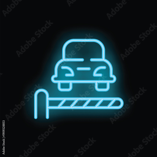 Neon blue icon of a car stopping at a barrier, great for representing parking lots or car washes
