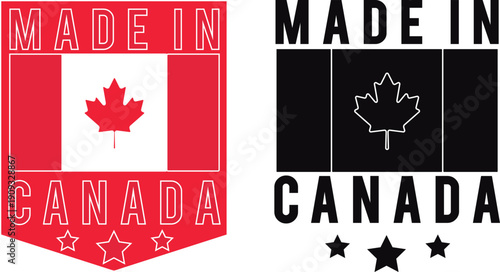 Two Canadian flag emblems with red and black maple leaf and stars Made In Canada Keywords