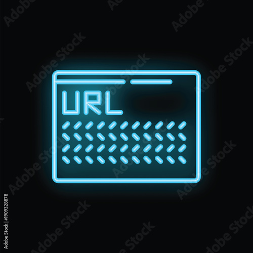 Blue neon glowing url internet web address window icon graphic isolated on black background