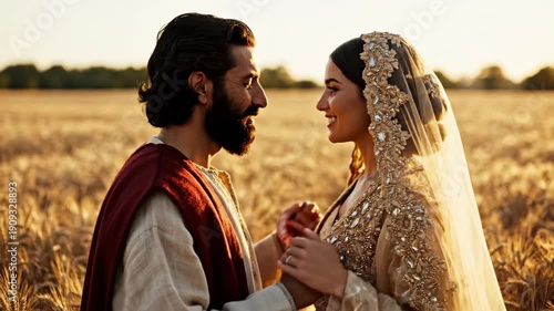Isaac and Rebekah together in a golden wheat field at sunset. Biblical couple holding hands in the land of Canaan. Genesis narrative of the patriarch and matriarch