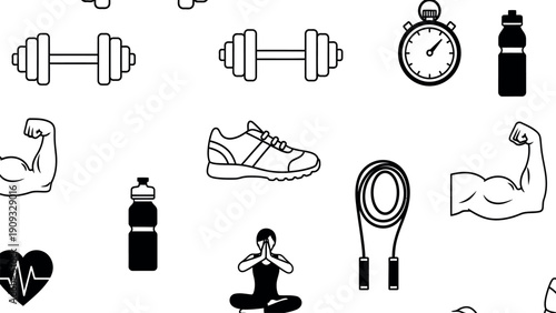 A dynamic collection of various black and white fitness and workout icons forming a seamless pattern representing health and an active lifestyle