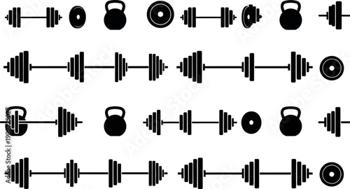 A comprehensive collection of black silhouette gym fitness equipment icons including barbells dumbbells kettlebells and weight plates for diverse workout designs