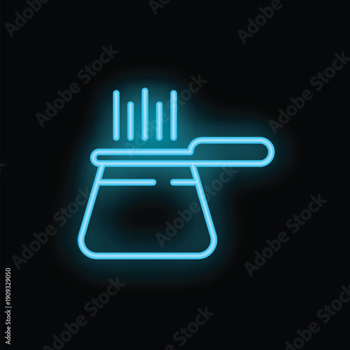 Blue neon sign of traditional turkish coffee pot cezve with steam coming out, on black background