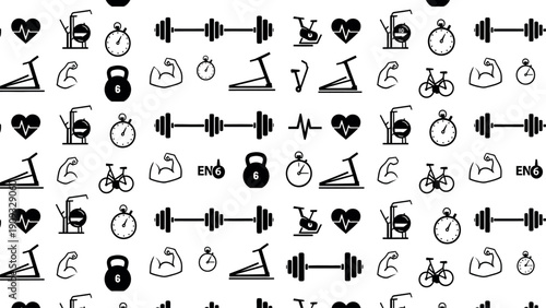 A dynamic seamless fitness gym icon pattern featuring various workout equipment and healthy lifestyle symbols for active living and exercise