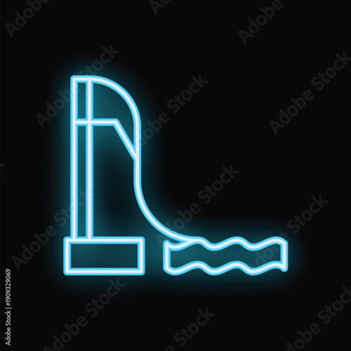 Bright blue neon sign depicting a water park ride ending in a pool of water, on a black background