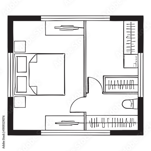 Black and white floor plan of a small room with furniture and bathroom fixtures room layout