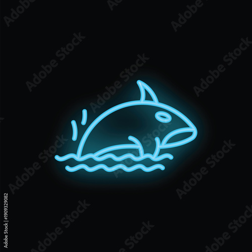 Neon icon of a blue killer whale jumping out of water