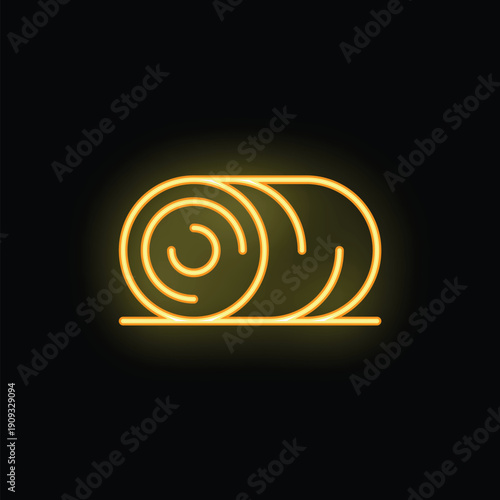 Yellow neon icon of hay bale glowing on black background