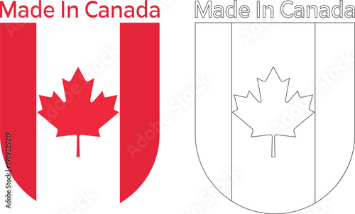 Two Canadian flag emblems with red and outline maple leaf and text Made In Canada Keywords
