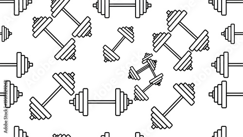 Dynamic black outline dumbbells creating a seamless fitness pattern on a bright white background perfect for workout and active lifestyle designs