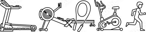 Fitness equipment icons including treadmill rower jump rope exercise bike and running person outline illustrations for workout and healthy lifestyle designs